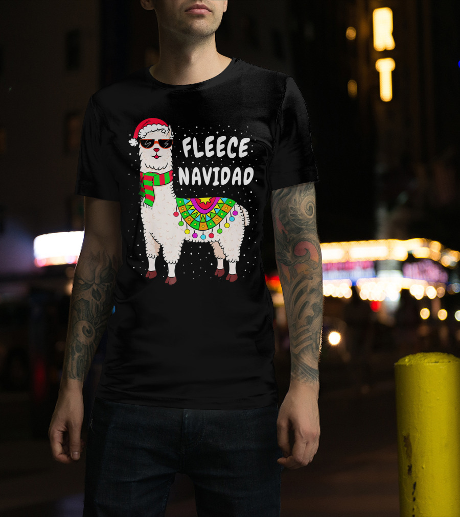 Fleece Navidad Christmas Llama Santa Hat Holiday T-Shirt