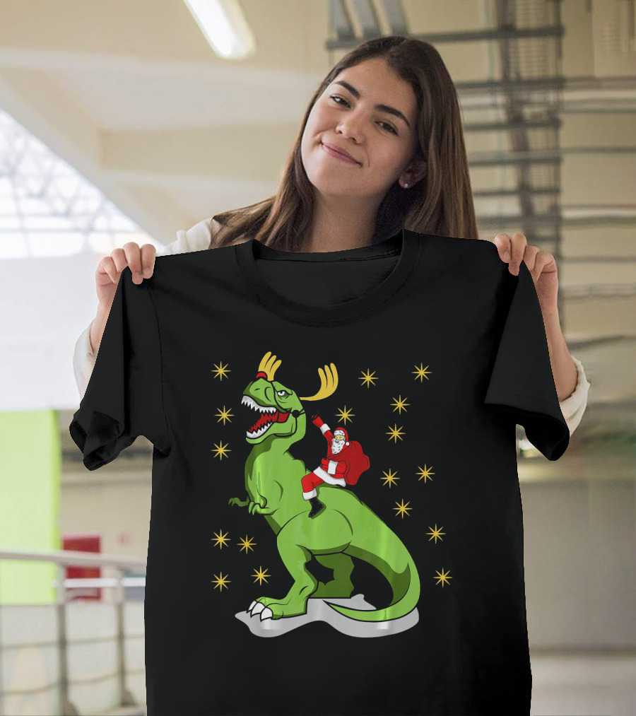 Santa Claus Riding Dinosaur with Reindeer Antlers and Stars T-Shirt