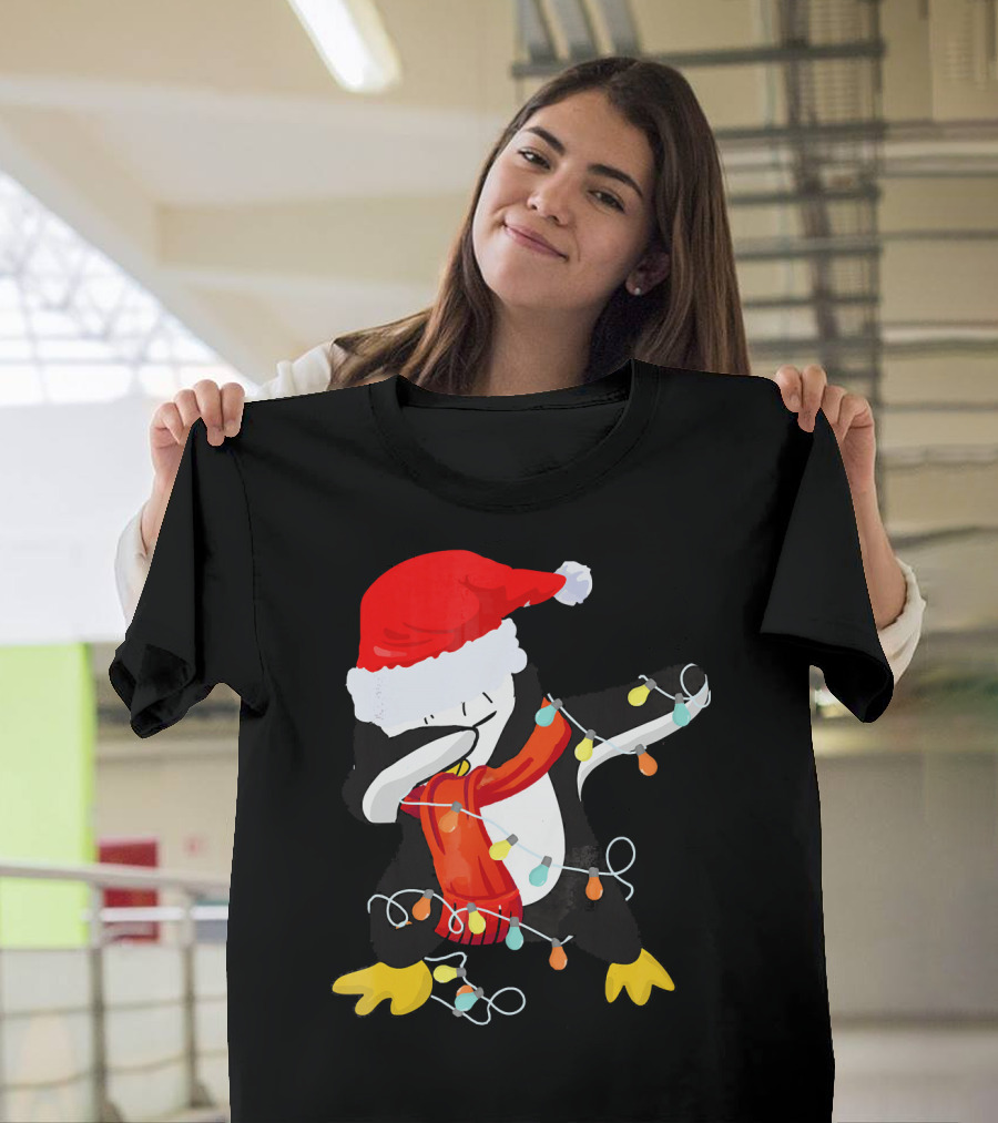Dabbing Penguin Santa Christmas Lights T-Shirt