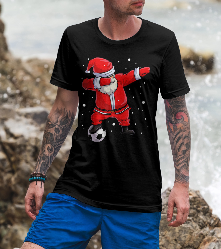 Santa Claus Dabbing On Soccer Ball Snowflakes Holiday T-Shirt