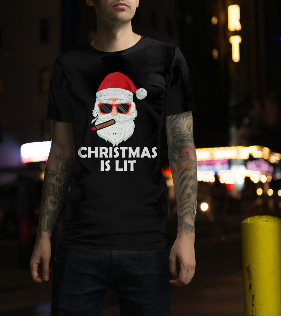 Christmas Is Lit Santa With Sunglasses And Cigar T-Shirt