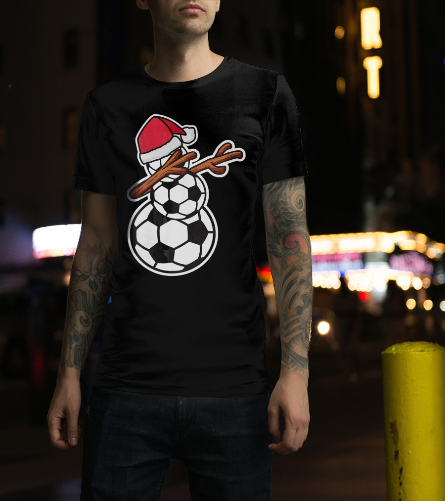 Dabbing Soccer Snowman With Santa Hat T-Shirt