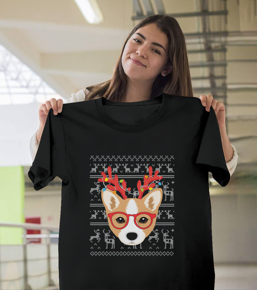 Corgi Puppy Dog With Xmas Antlers And Glasses Holiday T-Shirt