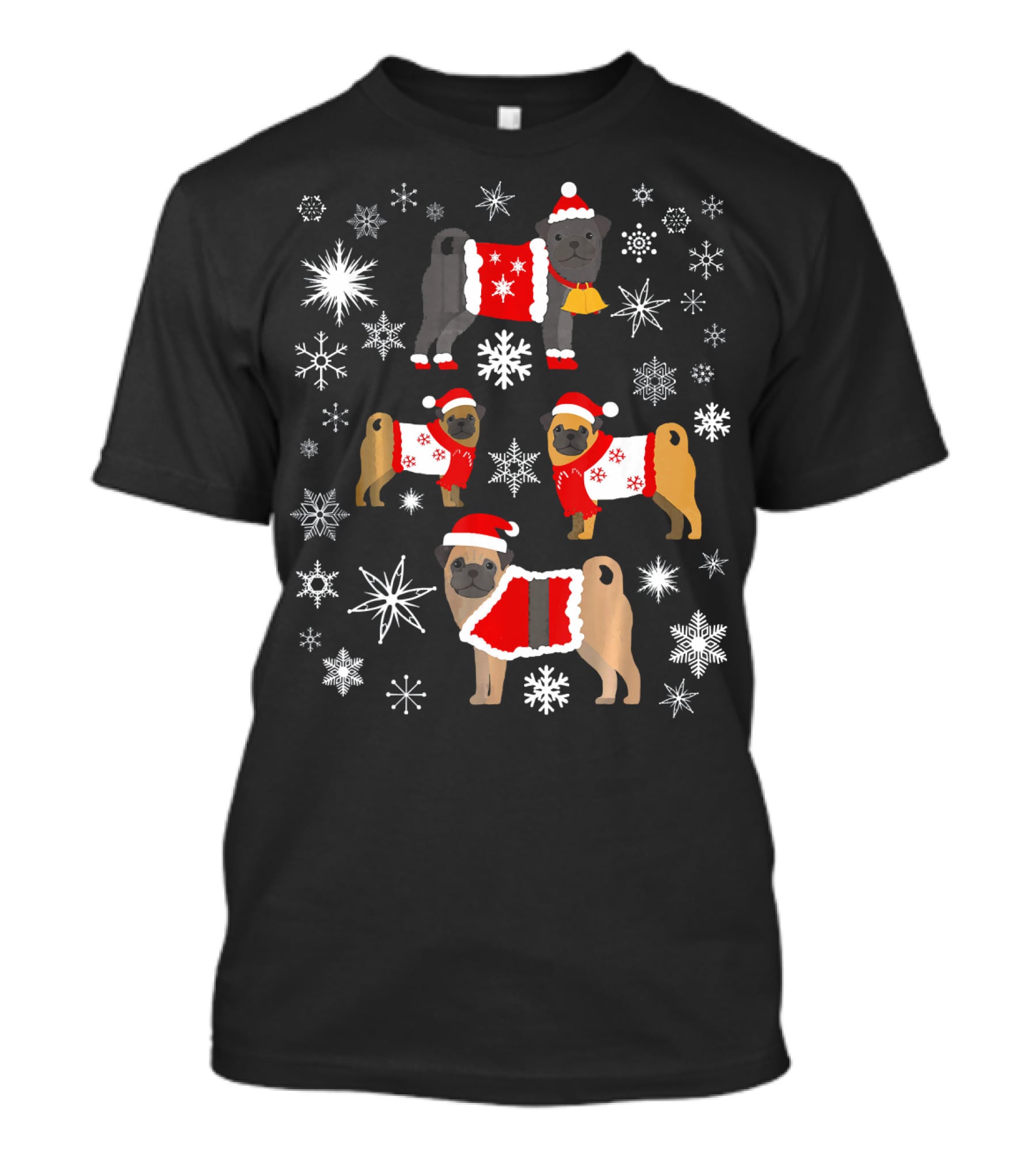 Pug Christmas Snowflakes Sweaters Santa Hats Holiday T-Shirt