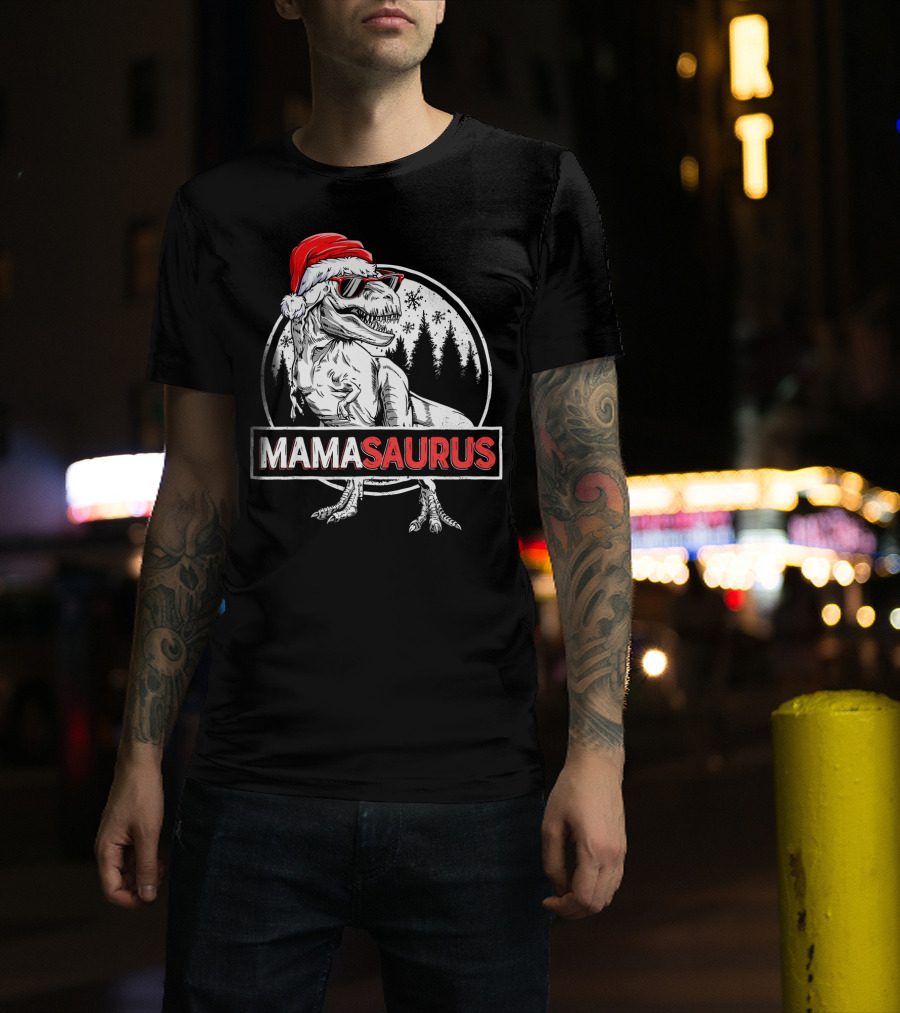 Mamasaurus Dinosaur Christmas Santa Hat Sunglasses T-Shirt