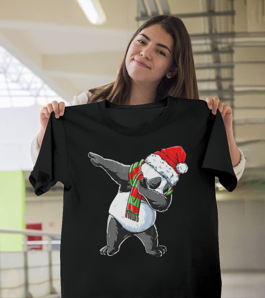 Panda Dabbing Santa Hat Red Green Scarf T-Shirt