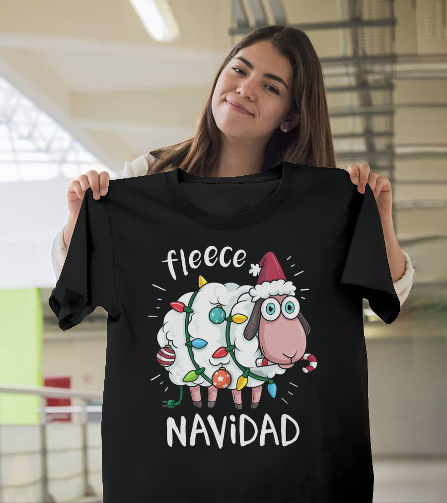 Fleece Navidad Funny Cute Sheep With Christmas Lights And Santa Hat T-Shirt