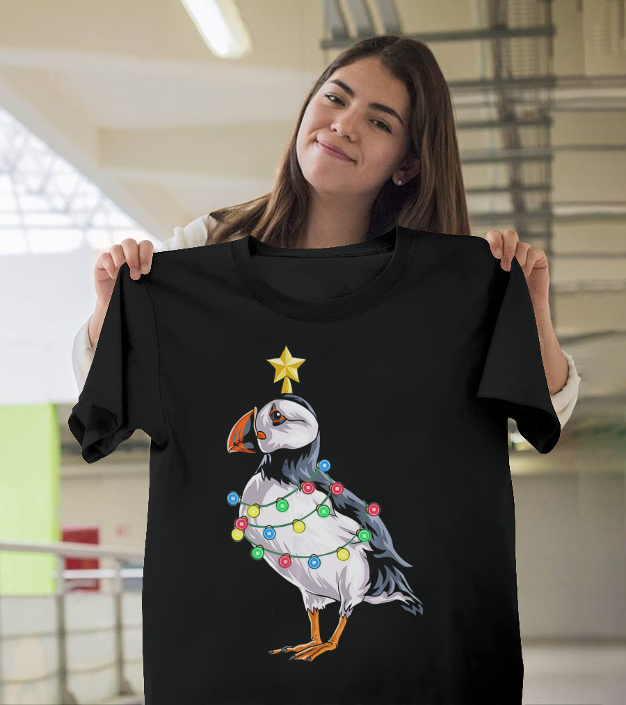 Puffin Bird Wrapped In Christmas Lights With Star T-Shirt