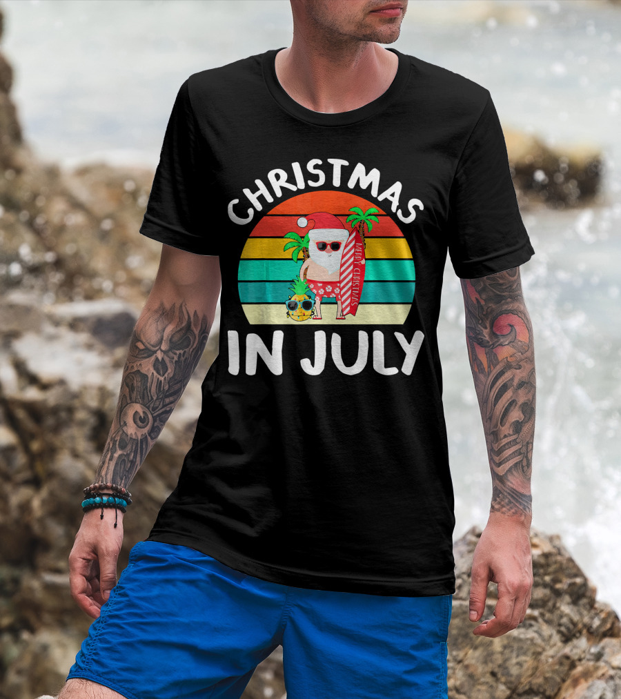 Christmas In July Vintage Santa Tropical Surfboard Merry Christmas T-Shirt