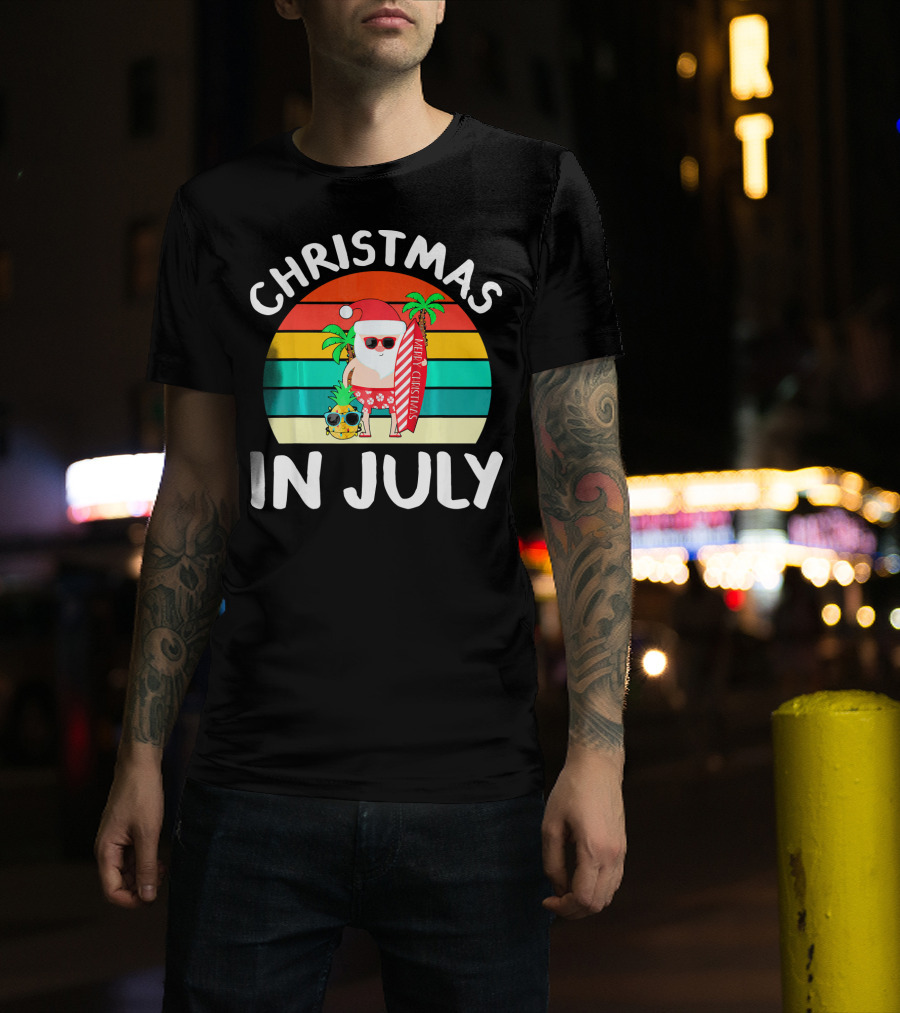 Christmas In July Vintage Santa Tropical Surfboard Merry Christmas T-Shirt