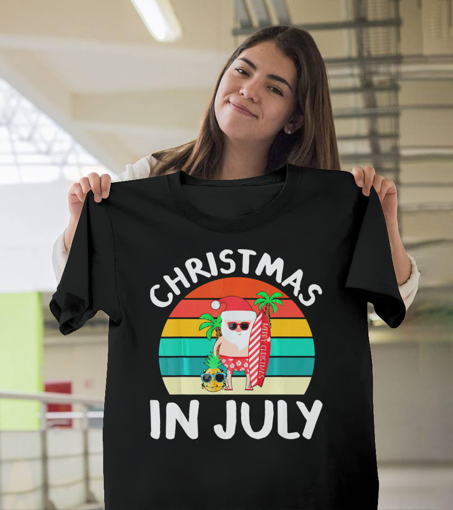 Christmas In July Vintage Santa Tropical Surfboard Merry Christmas T-Shirt
