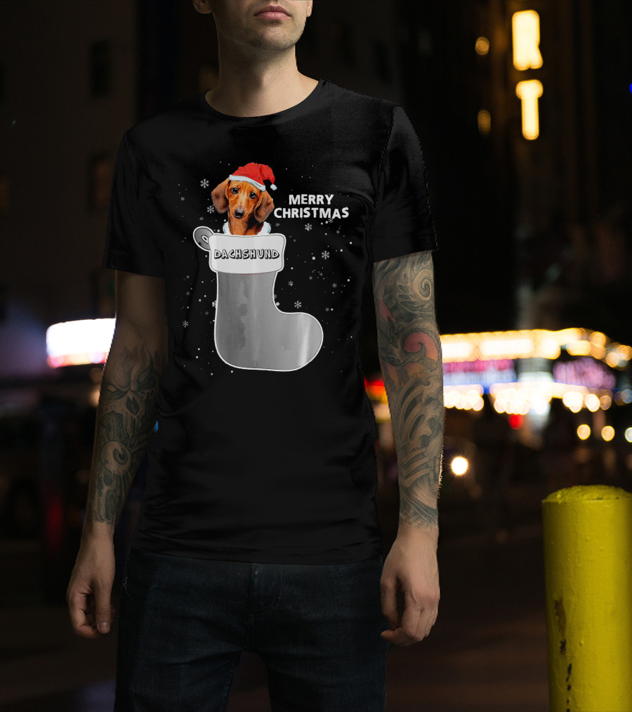Dachshund Merry Christmas Sock Santa Hat T-Shirt