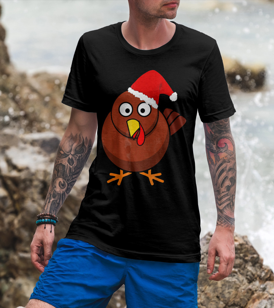 Funny Turkey Wearing A Santa Hat T-Shirt