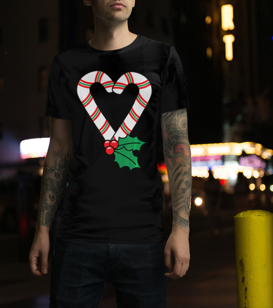 Christmas Candy Cane Heart Holly Berry T-Shirt