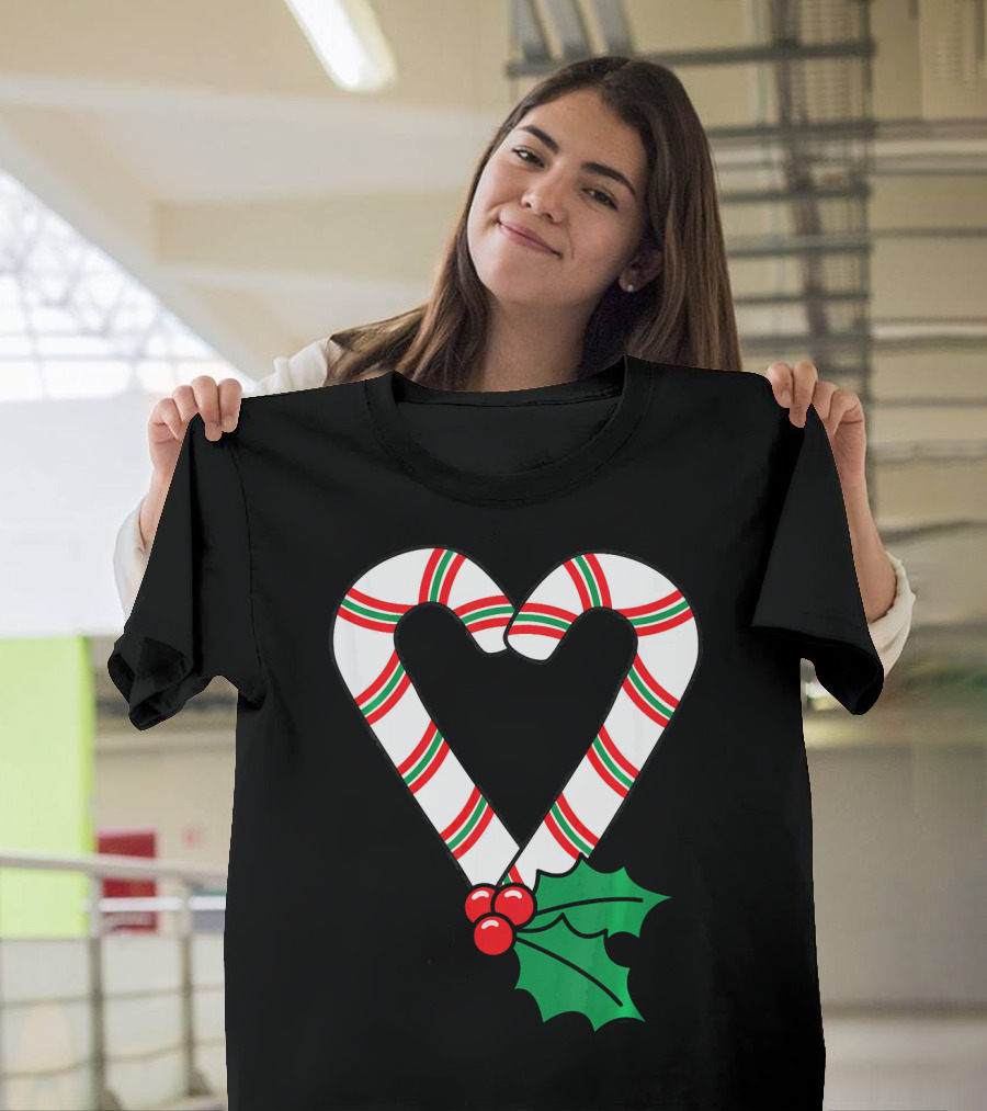Christmas Candy Cane Heart Holly Berry T-Shirt