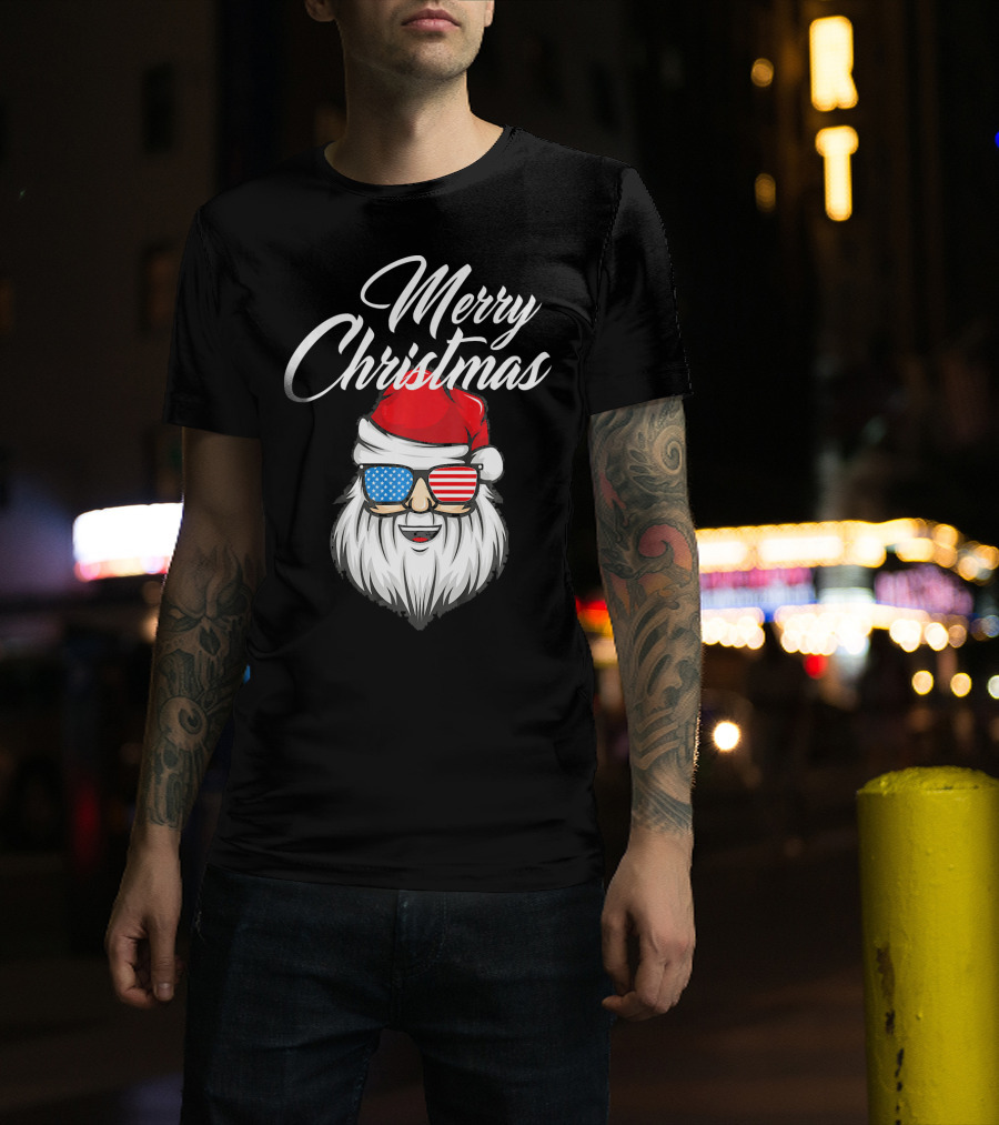 Merry Christmas Santa Claus Patriotic US Flag Sunglasses T-Shirt