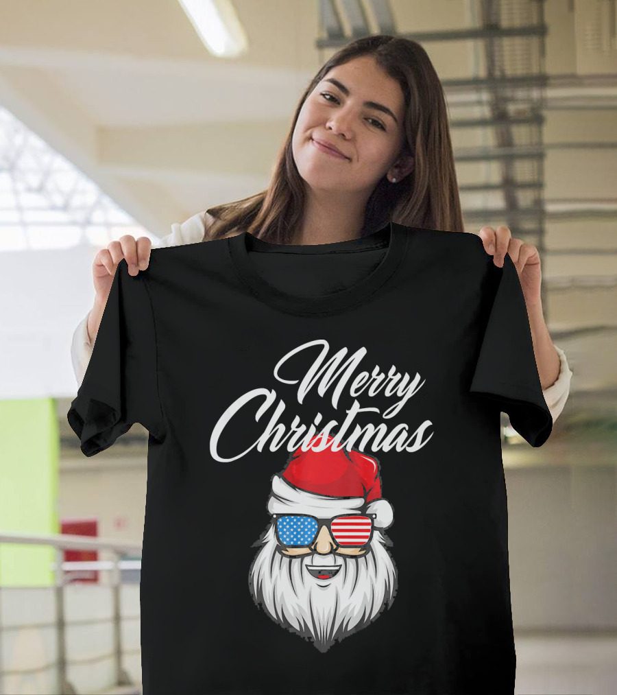 Merry Christmas Santa Claus Patriotic US Flag Sunglasses T-Shirt