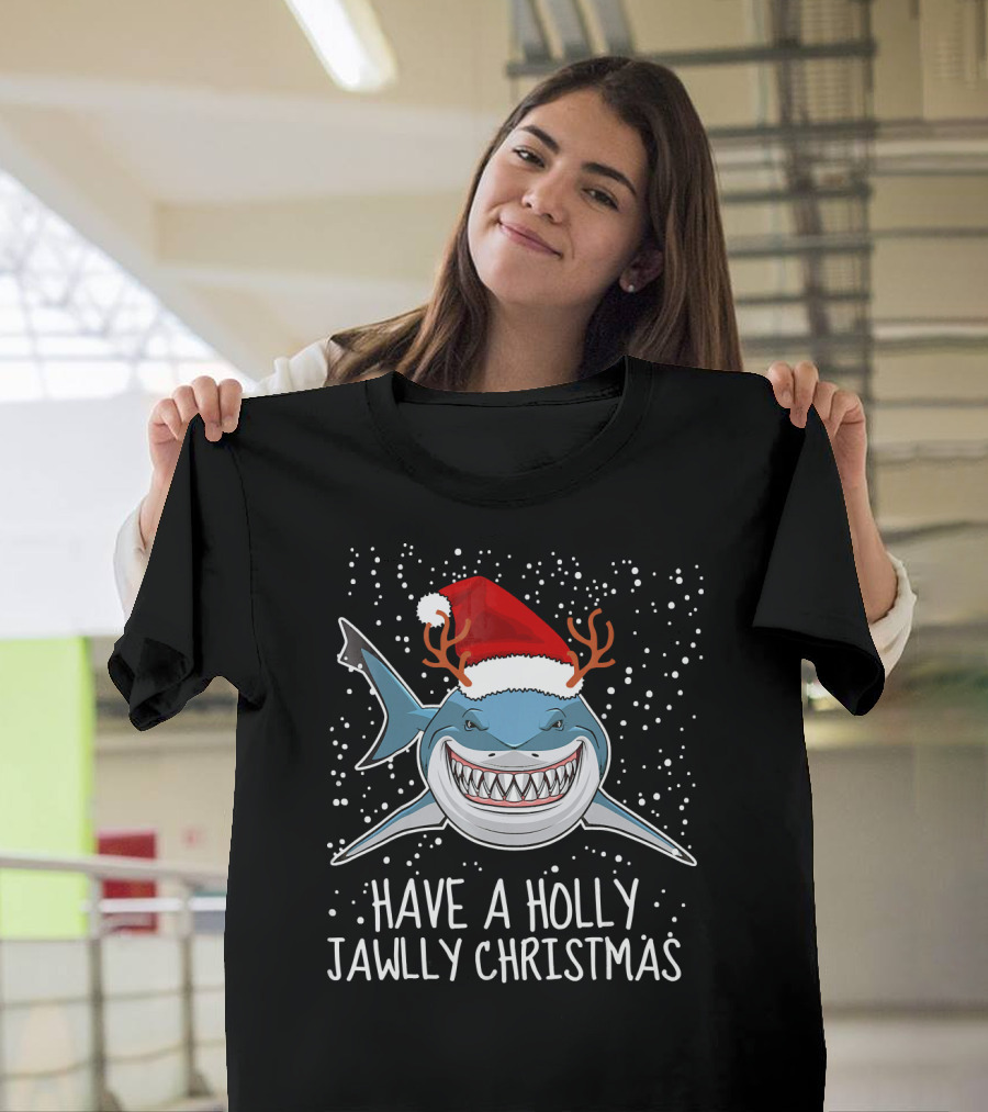 Have A Holly Jawlly Christmas Shark Santa Hat Reindeer Antlers T-Shirt