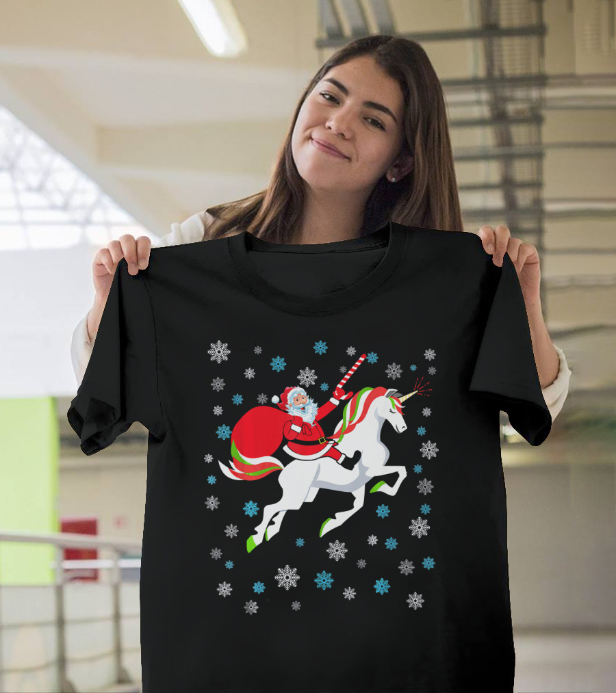 Christmas Unicorn Santa Riding Through Snowflakes T-Shirt