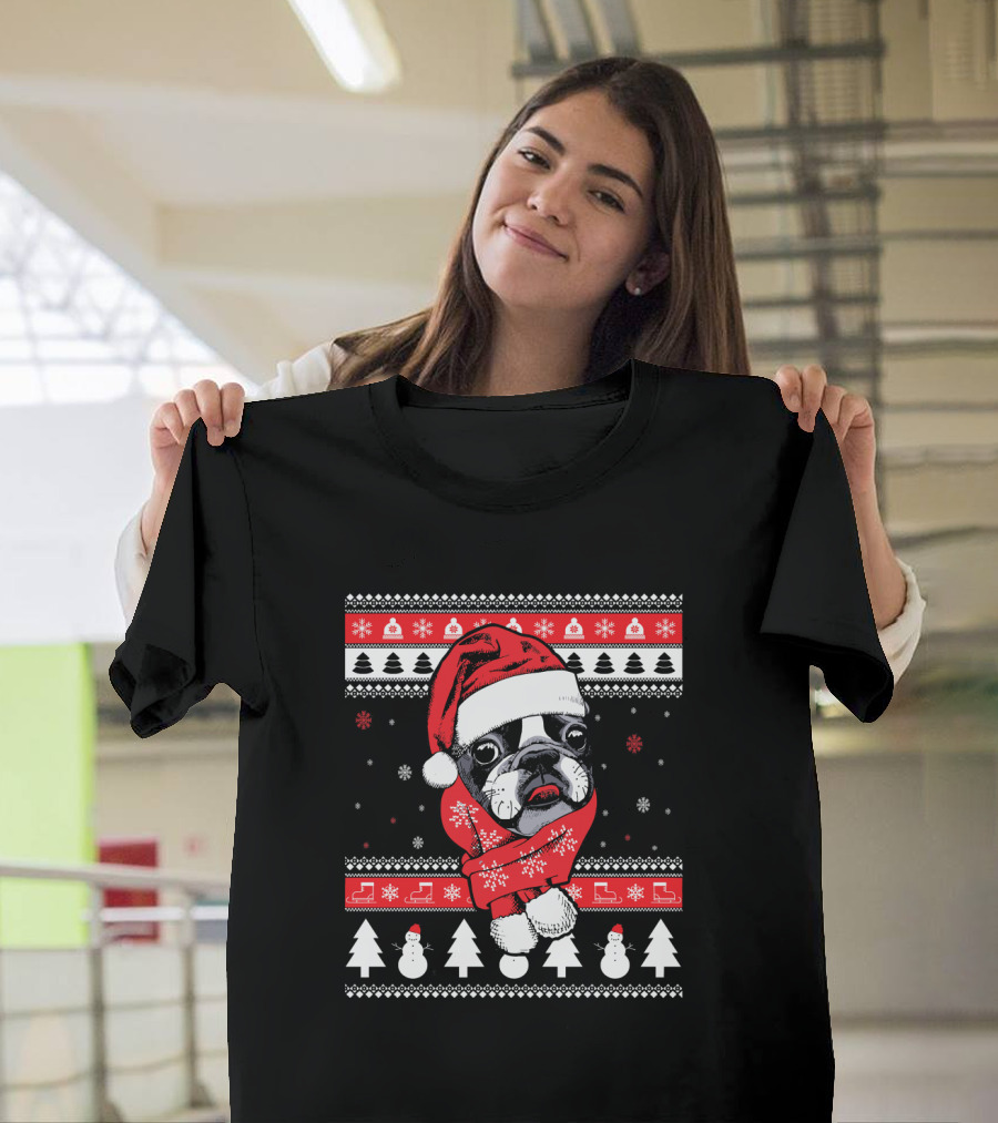 Funny Boston Terrier Christmas Santa Sweater Festive Dog T-Shirt