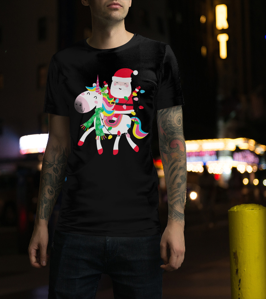 Santa Claus Riding Unicorn With Christmas Lights And Scarf T-Shirt