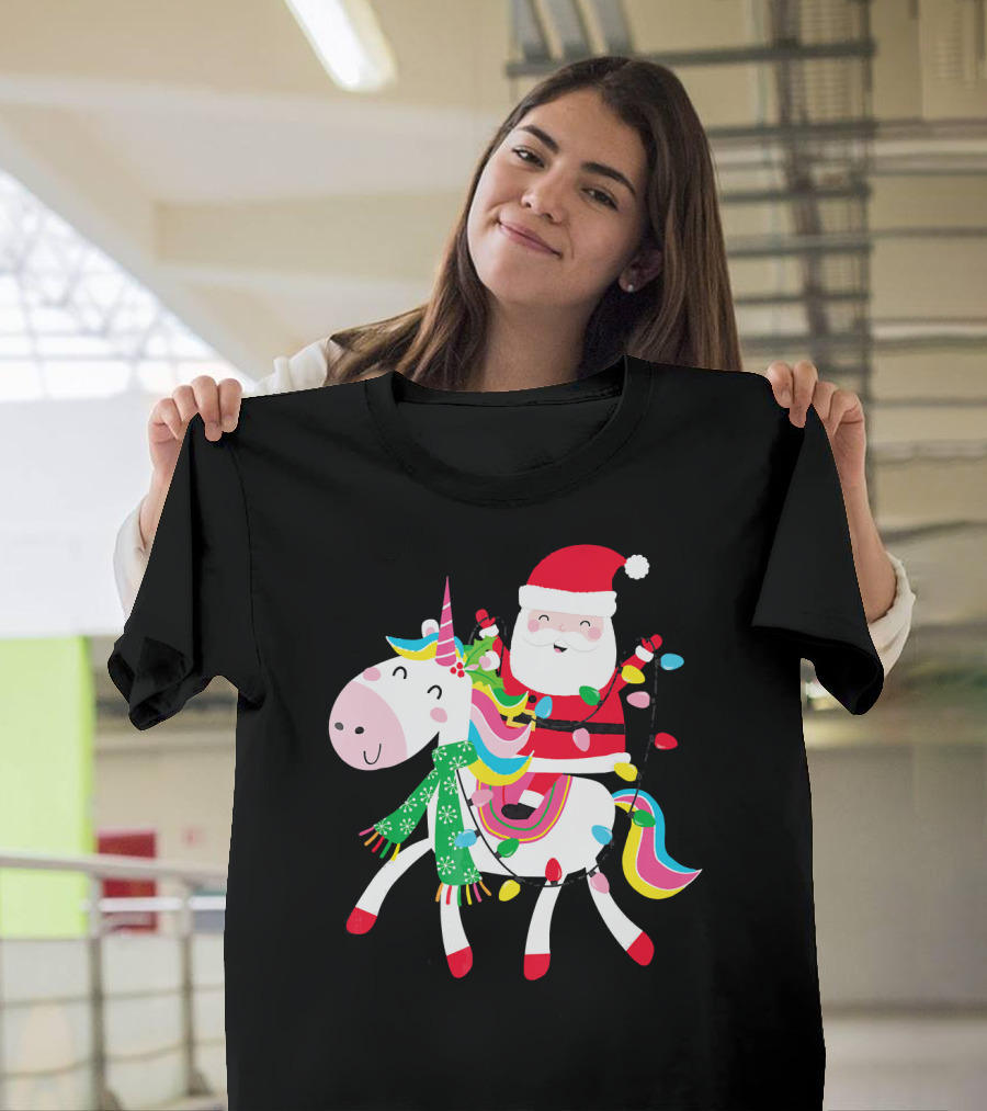 Santa Claus Riding Unicorn With Christmas Lights And Scarf T-Shirt