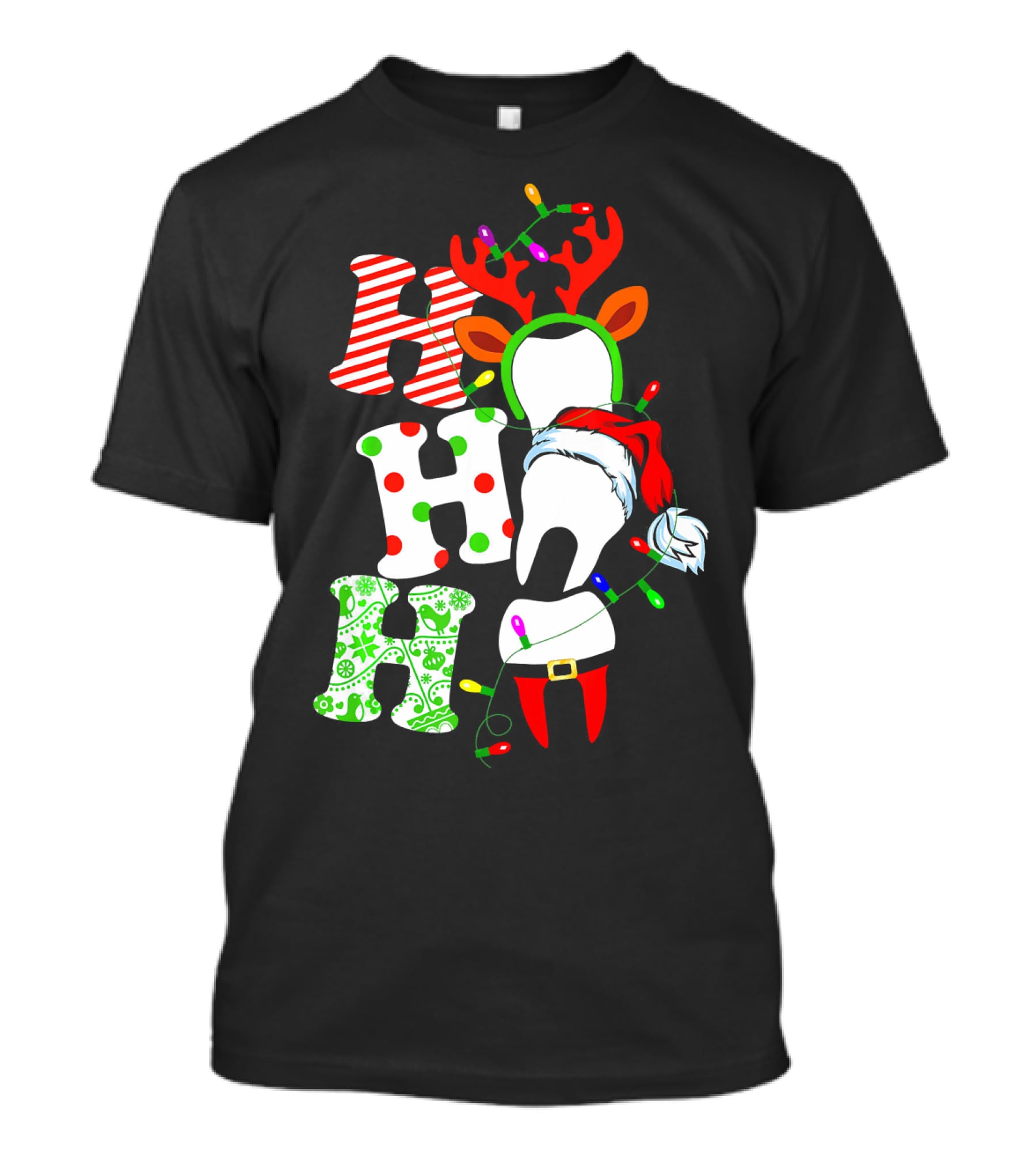 Ho Ho Ho Funny Santa Teeth Christmas Lights Reindeer Antlers T-Shirt