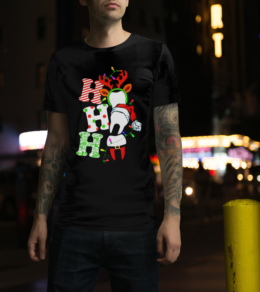 Ho Ho Ho Funny Santa Teeth Christmas Lights Reindeer Antlers T-Shirt