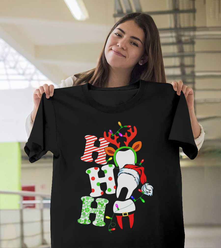 Ho Ho Ho Funny Santa Teeth Christmas Lights Reindeer Antlers T-Shirt