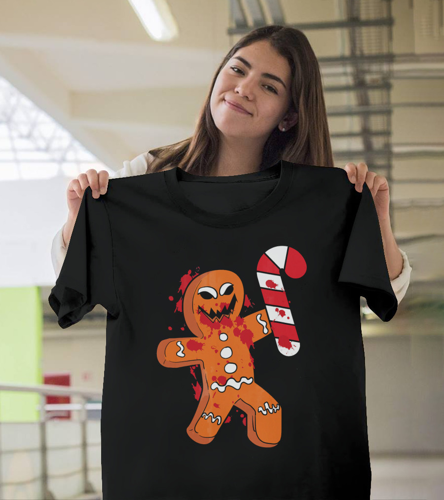 Christmas Horror Scary Gingerbread With Bloody Candy Cane T-Shirt