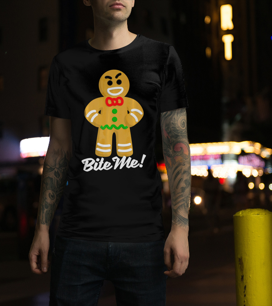 Funny Christmas Gingerbread Man Bite Me T-Shirt