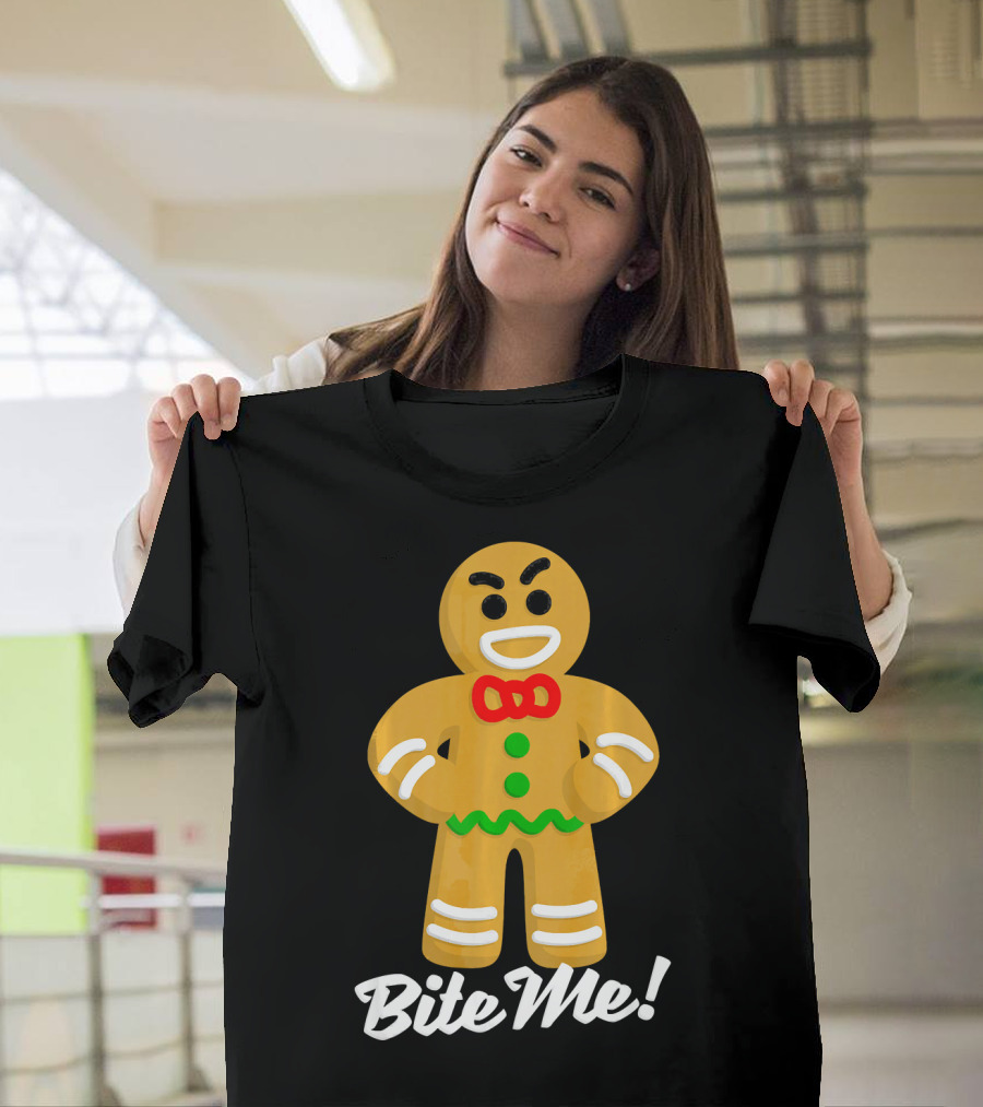 Funny Christmas Gingerbread Man Bite Me T-Shirt
