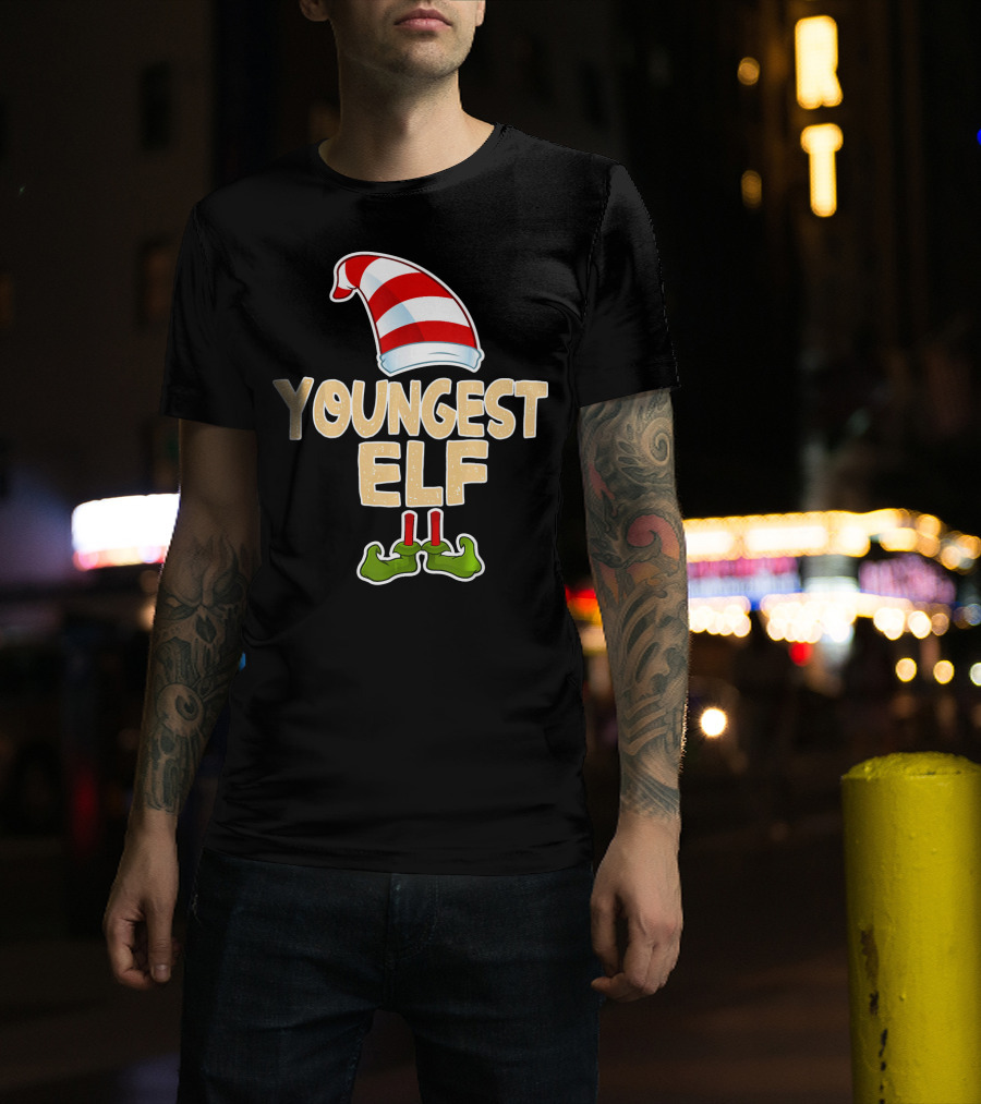 Youngest Elf Hat And Shoes Holiday Humor T-Shirt