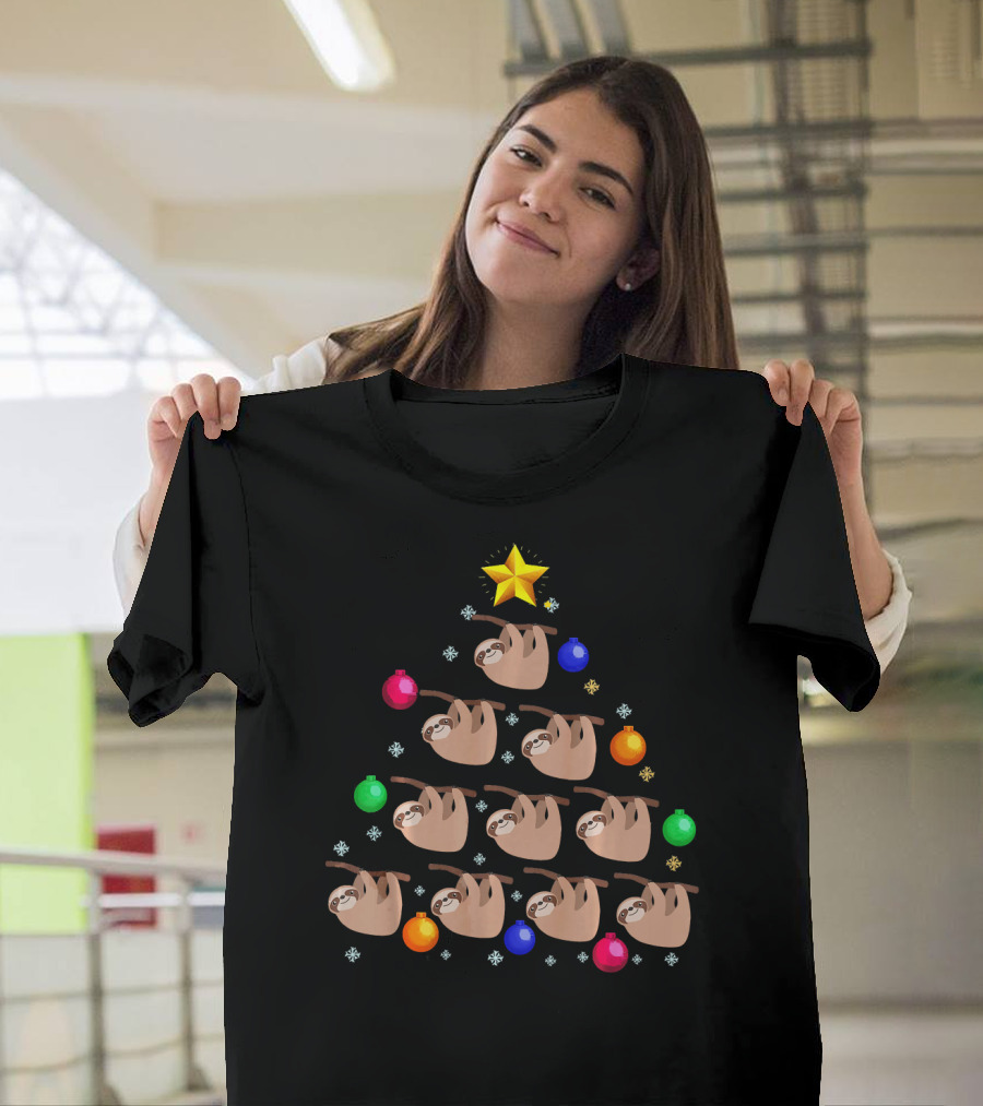 Sloth Hanging on Christmas Tree Ornaments with Star and Snowflakes T-Shirt