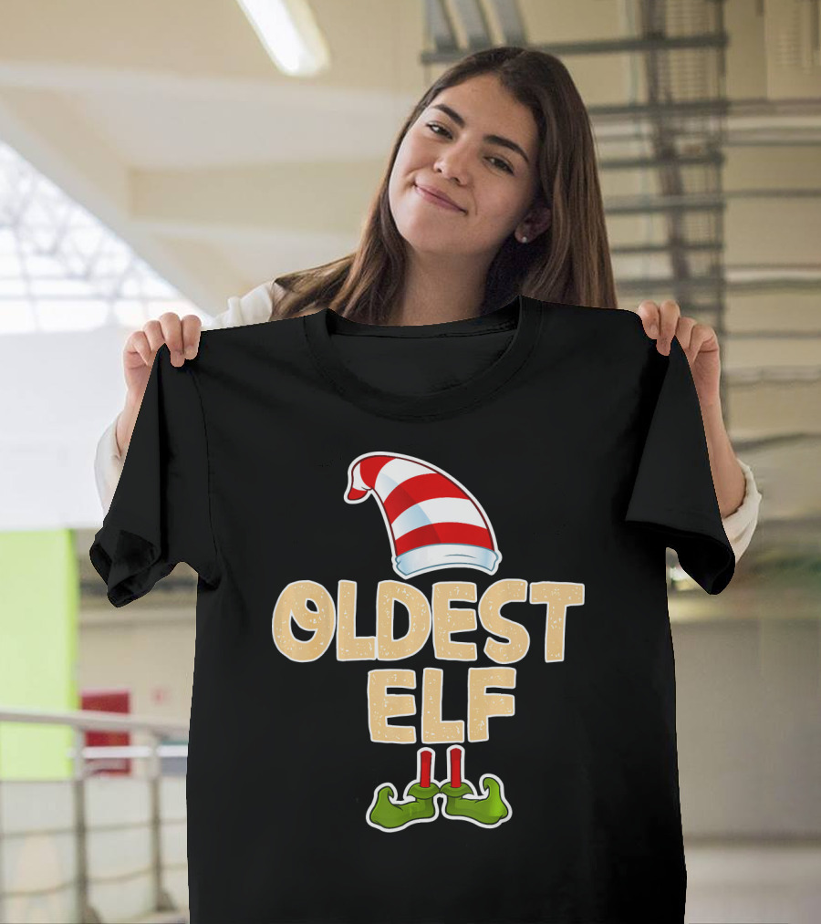 Oldest Elf Santa Hat Striped and Funny Green Shoes T-Shirt