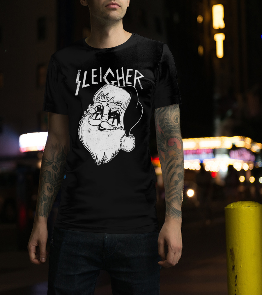 Sleigher Funny Christmas Black Metal Santa T-Shirt