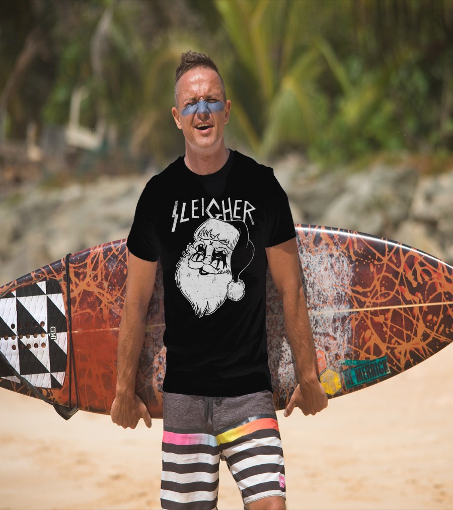 Sleigher Funny Christmas Black Metal Santa T-Shirt