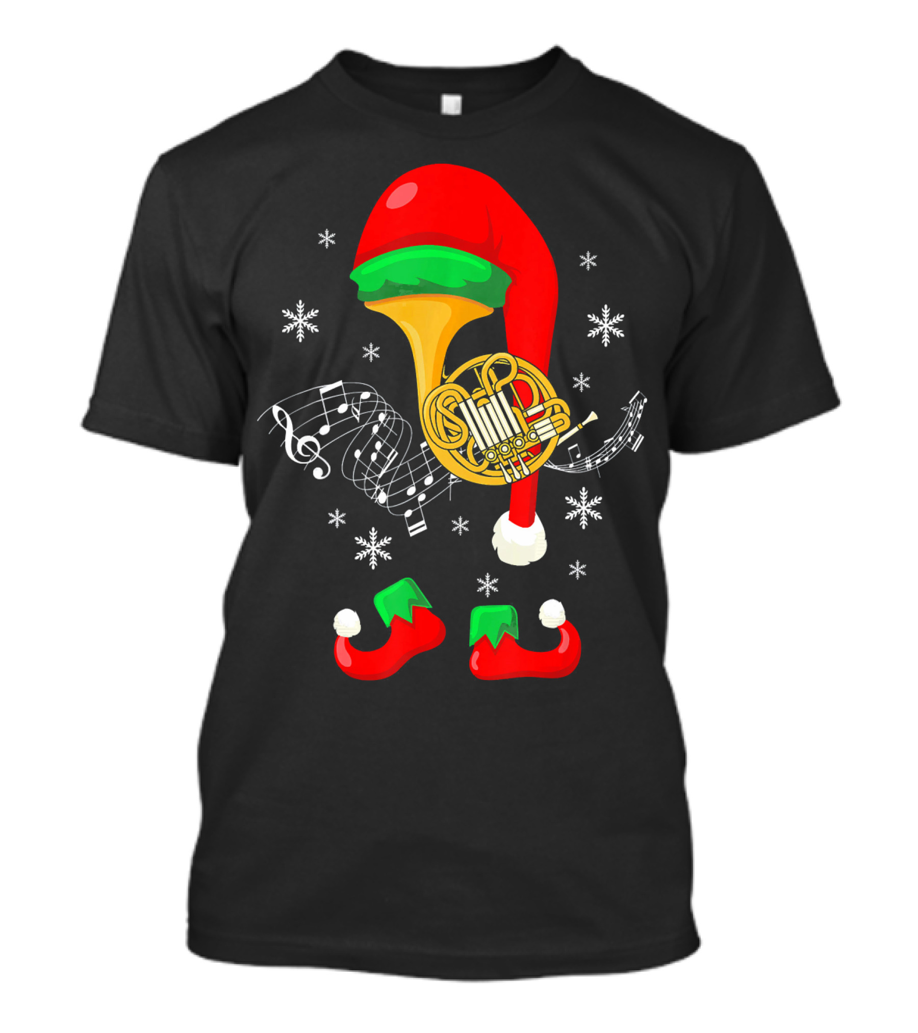 Elf French Horn Music With Christmas Hat And Shoes T-Shirt