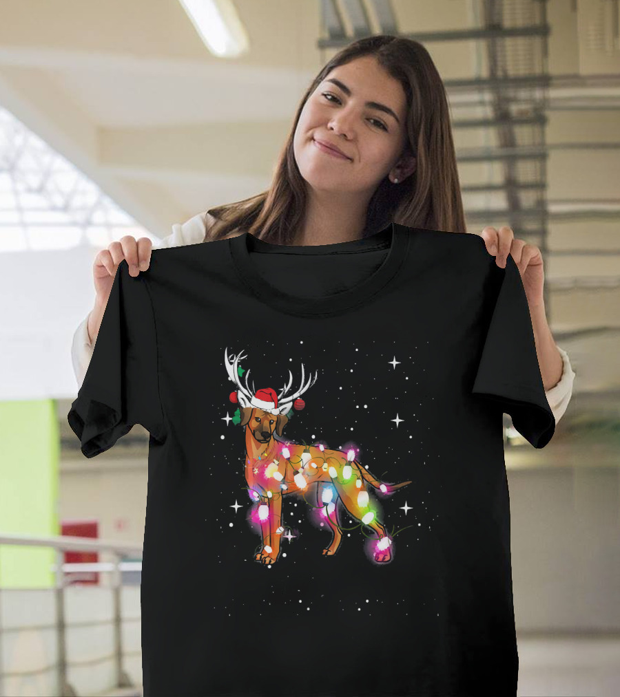 Christmas Lights Rhodesian Ridgeback Dog With Antlers Santa Hat T-Shirt
