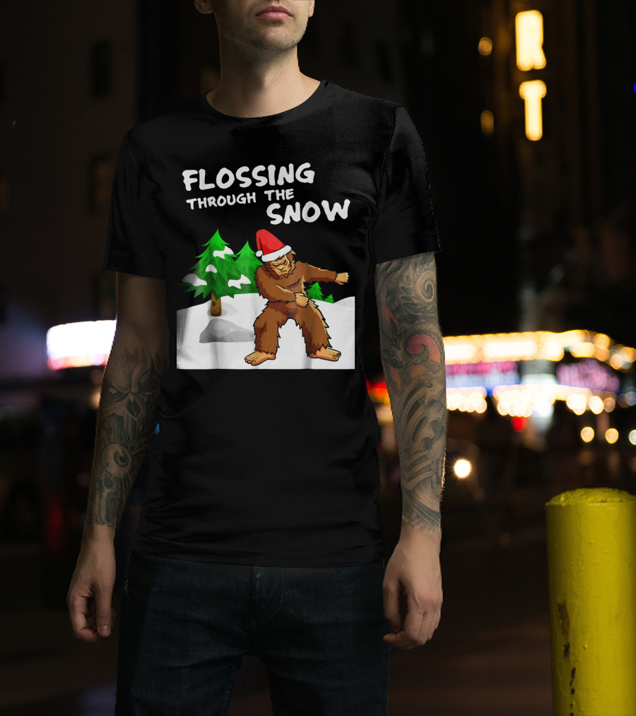 Flossing Through The Snow Bigfoot Santa Hat Winter Scene T-Shirt