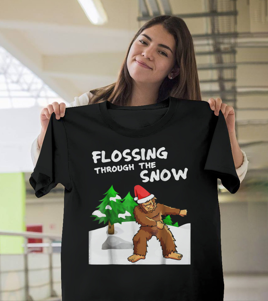 Flossing Through The Snow Bigfoot Santa Hat Winter Scene T-Shirt