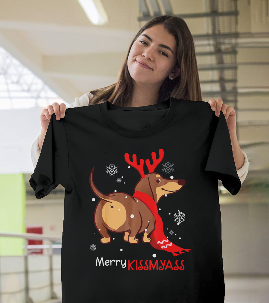 Funny Dog Dachshund Christmas Merry Kiss My Ass T-Shirt