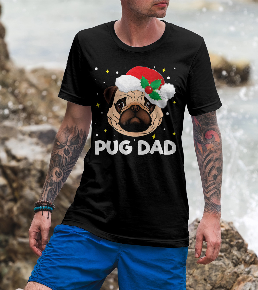 Pug Dad Daddy Christmas Santa Hat Pug T-Shirt