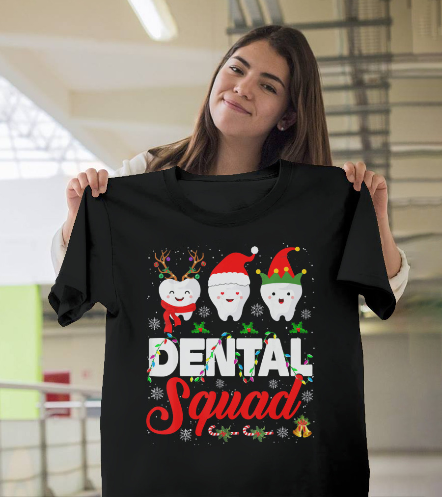 Dental Squad Funny Hygienist Dentist Love Christmas Themed Tooth Characters T-Shirt