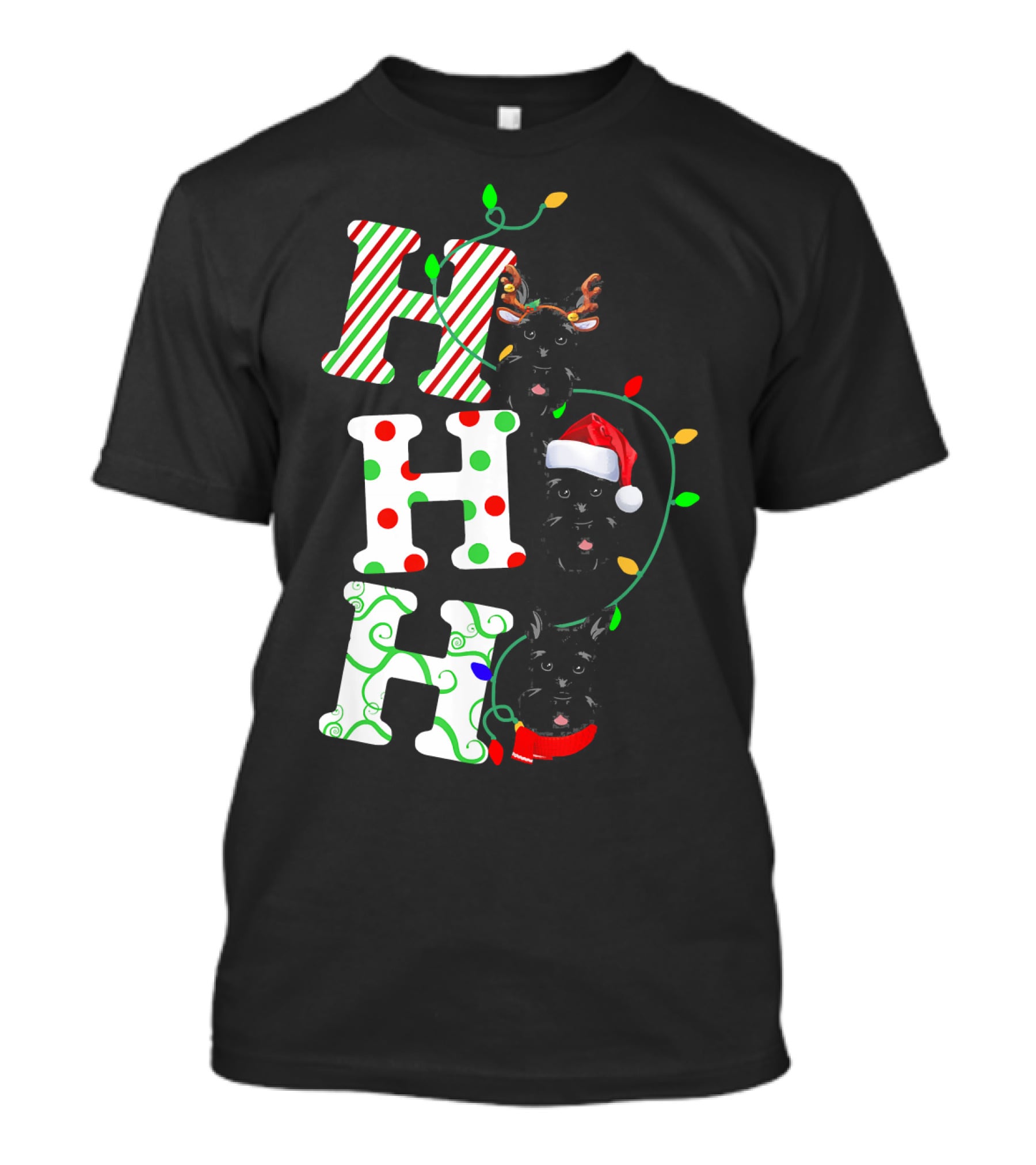 Scottish Terrier Ho Ho Ho Christmas Lights Santa Hat And Antlers T-Shirt