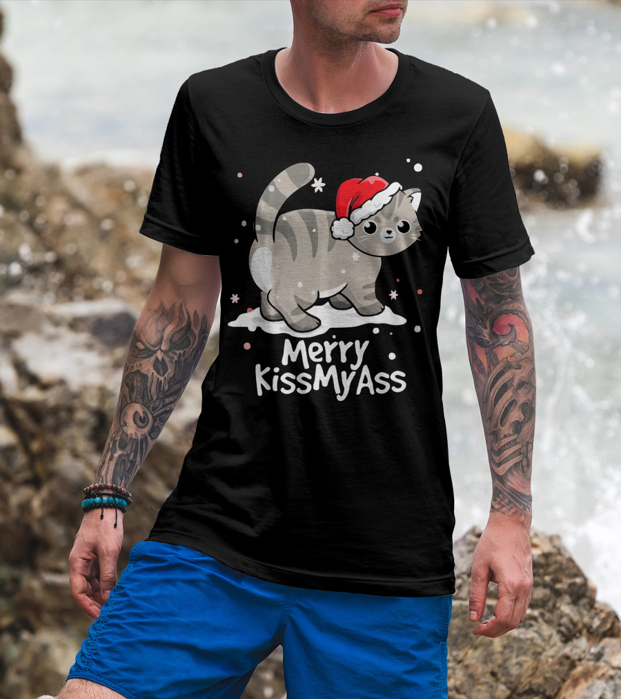 Merry KissMyAss Cat With Santa Hat In Snowflakes T-Shirt
