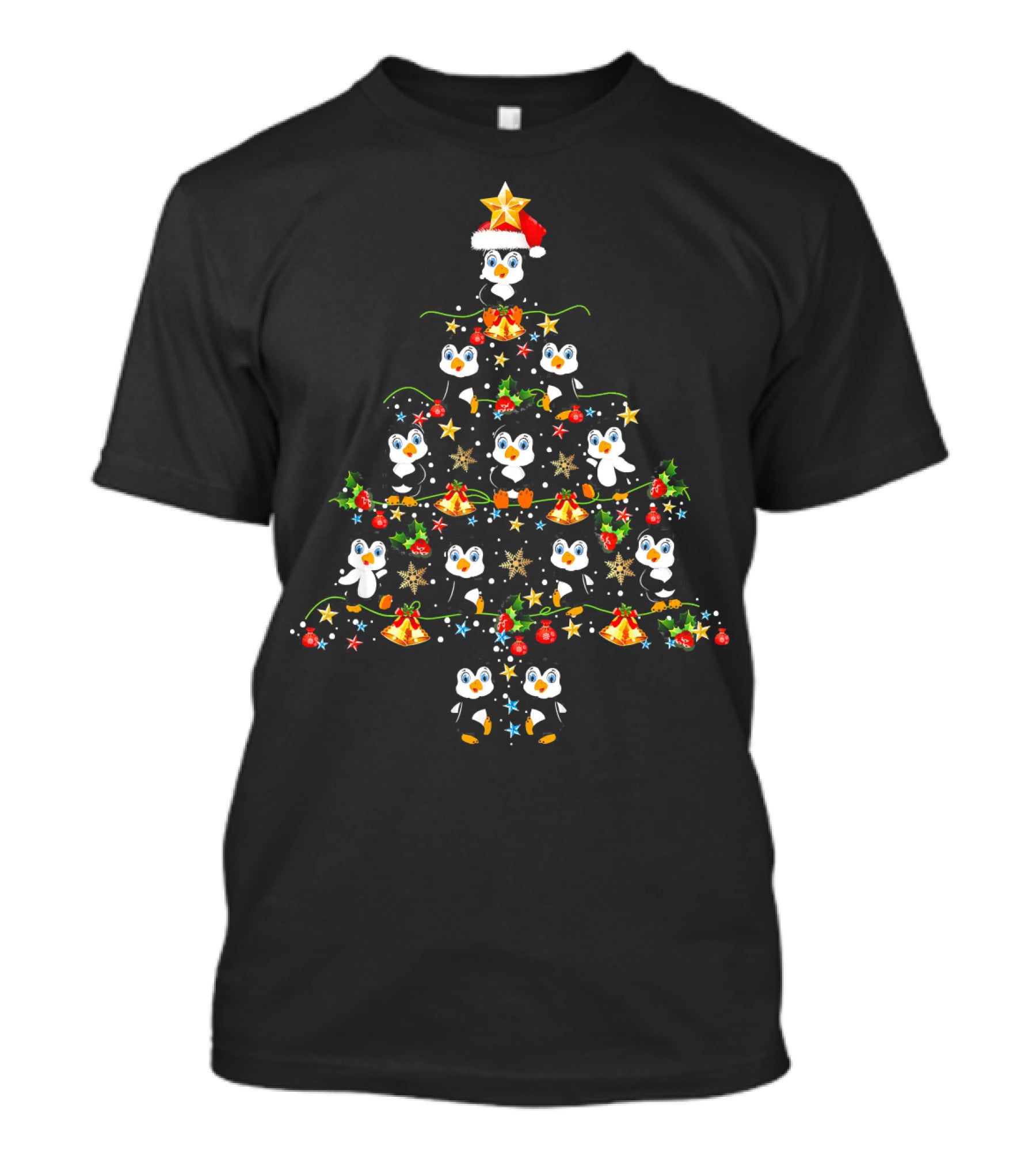 Penguin Christmas Tree Merry Holiday Penguins Santa Hat Ornaments Star Garland T-Shirt