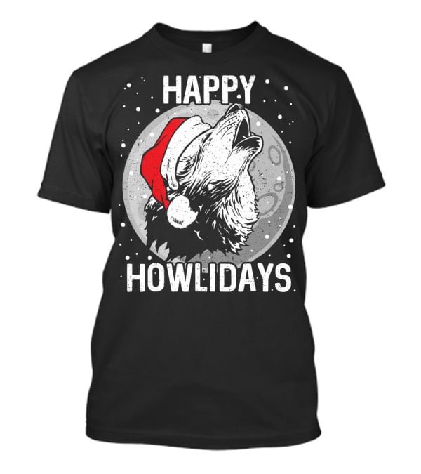 Happy Howlidays Christmas Wolf Santa Hat Moon T-Shirt