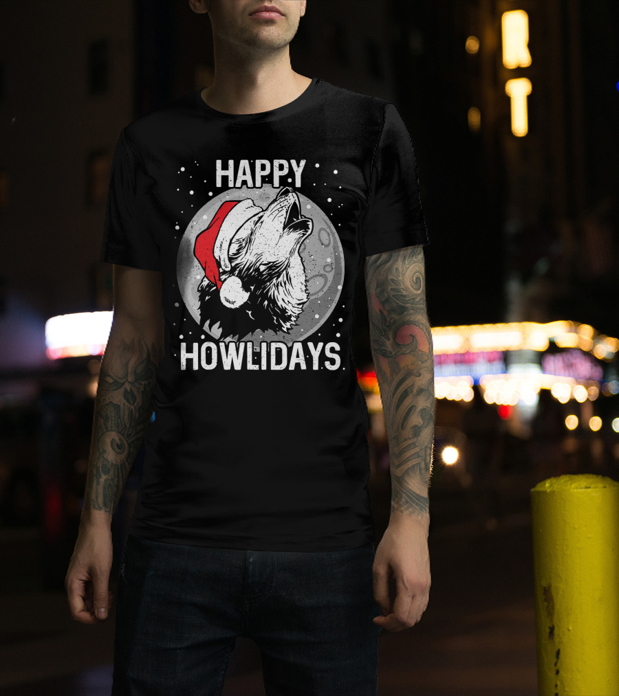 Happy Howlidays Christmas Wolf Santa Hat Moon T-Shirt