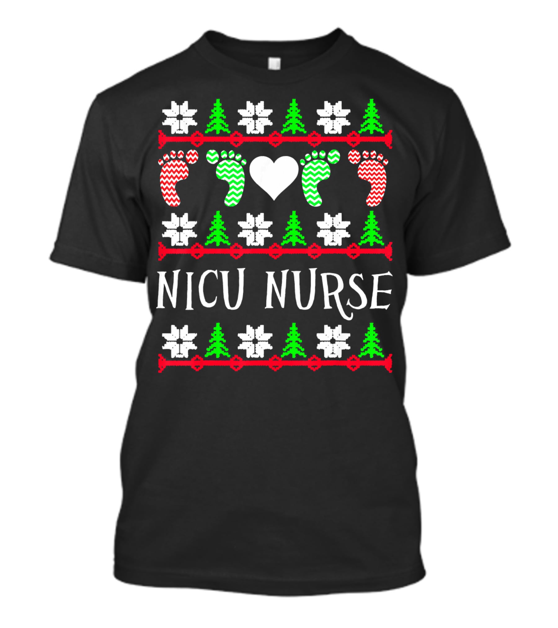 NICU Nurse Christmas Baby Feet Heart Trees T-Shirt
